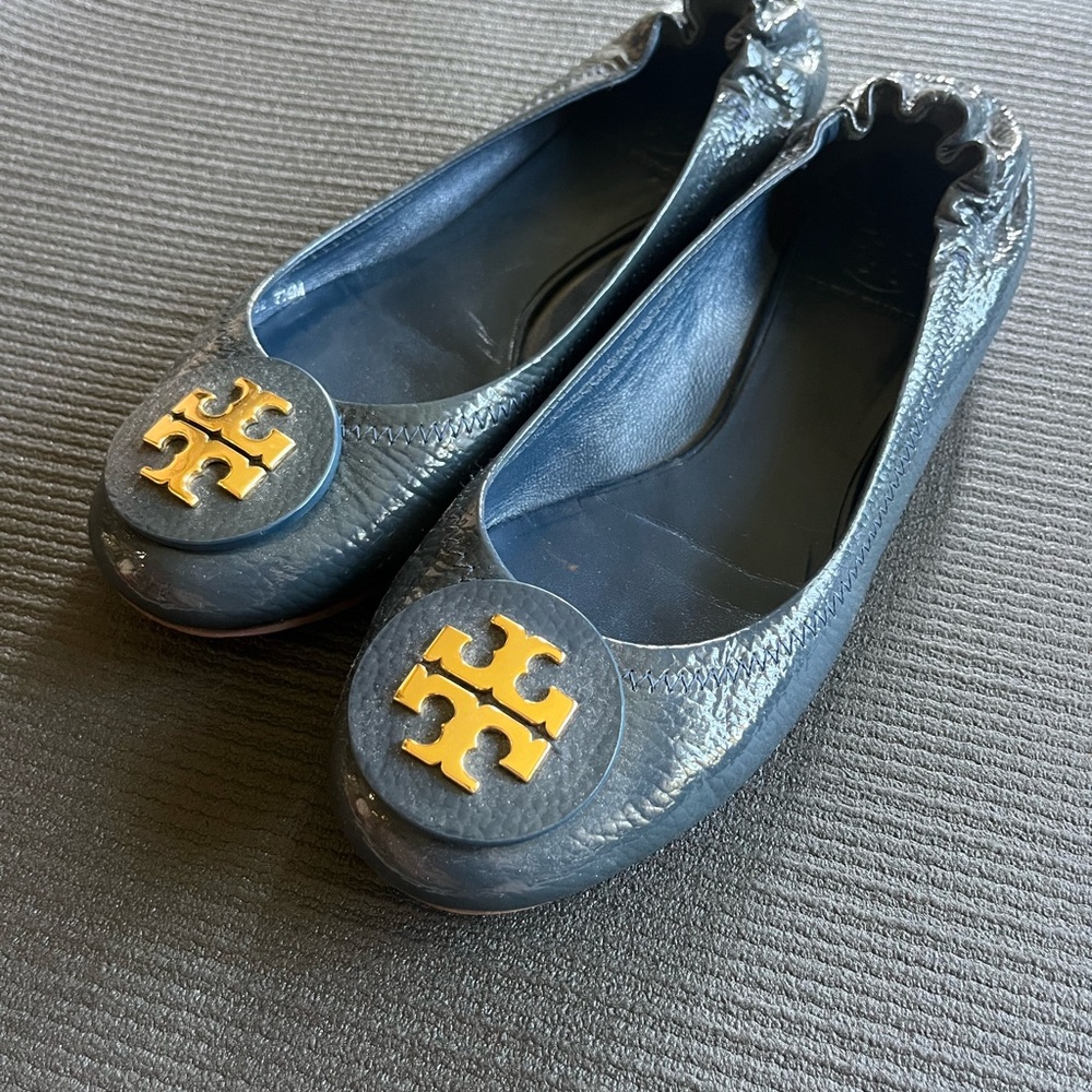 Tory Burch Blue and Gold Flats with Signature Logo